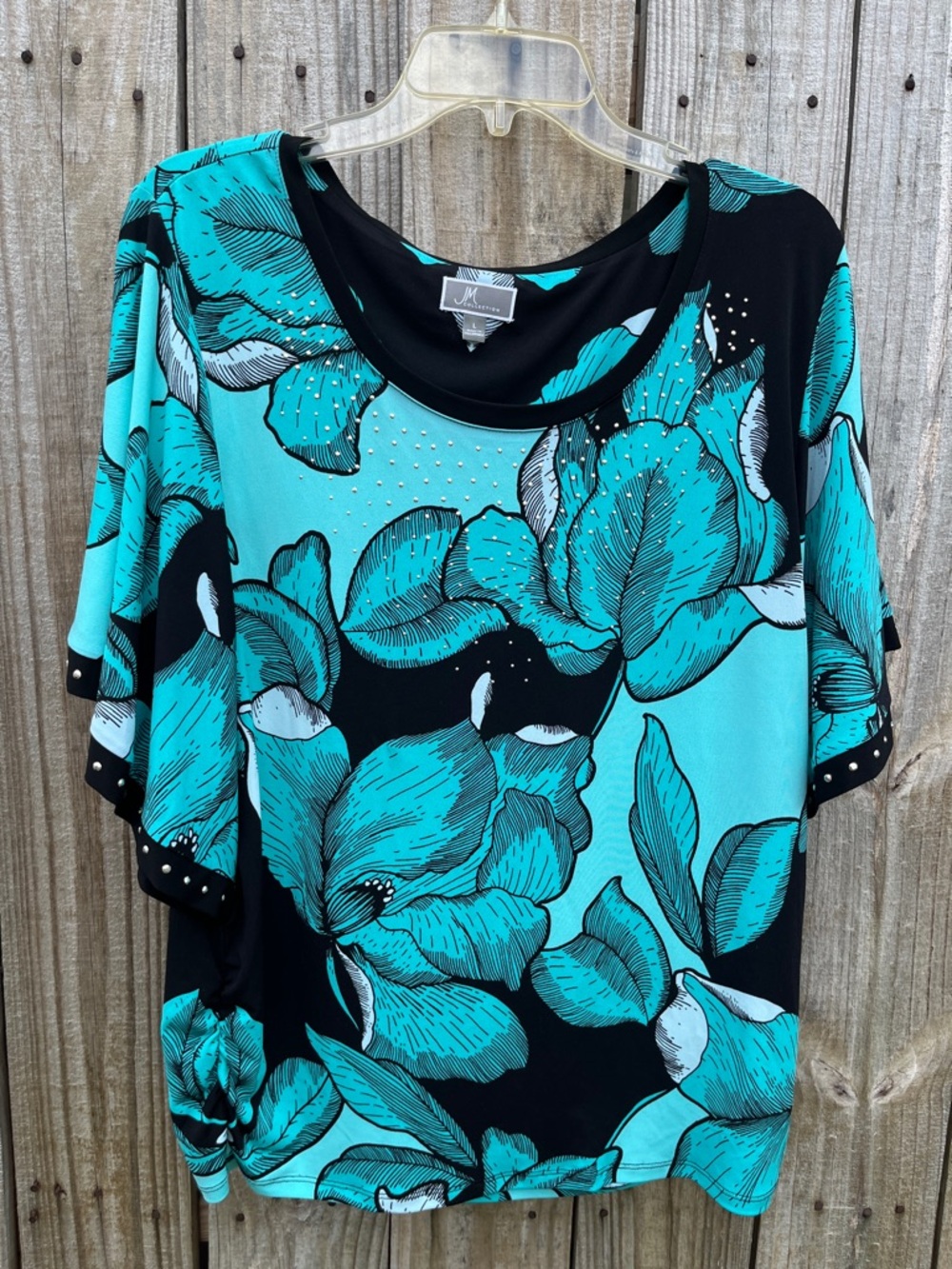 JM Collection Teal and Black Floral Scoop Neck Short Sleeve Top